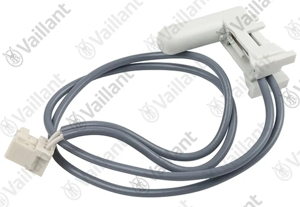 Temperatursensor von Vaillant mit Kabeln, kombiniertem Stecker und einer Halterung. Geeignet für spezifische Heizsysteme.